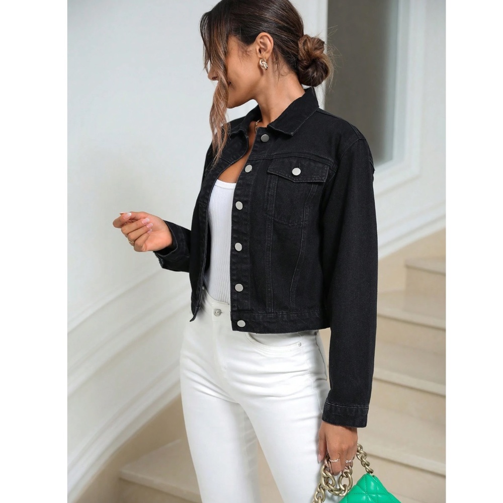 Black Denim Jean Jacket Classic Button Up / Down Front Pockets - Picture 3 of 10